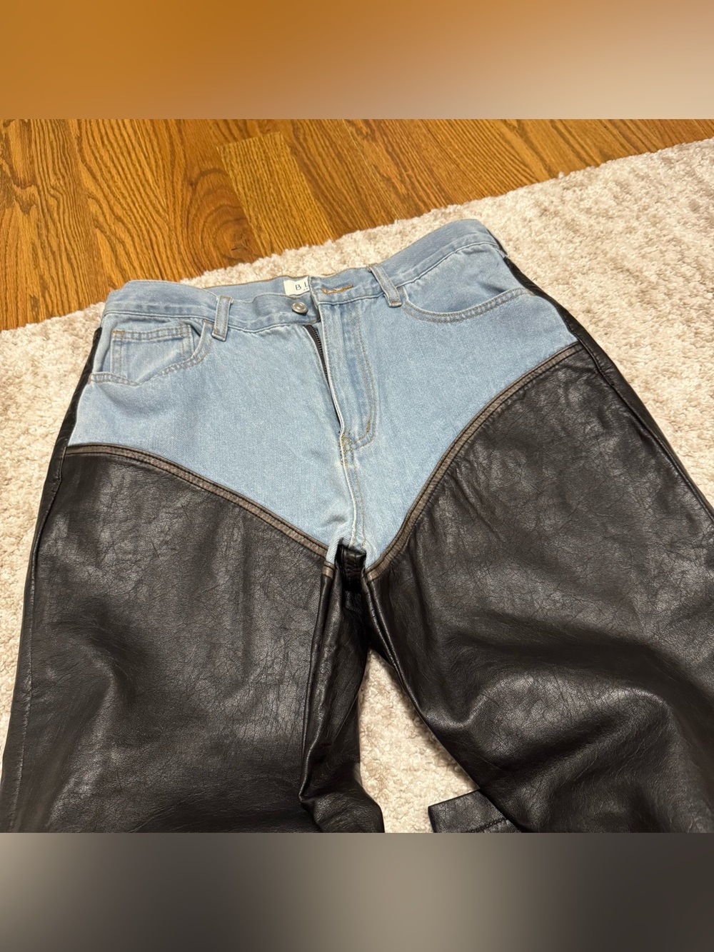 Two-Tone Denim and Black Faux Leather Straight Leg Jeans